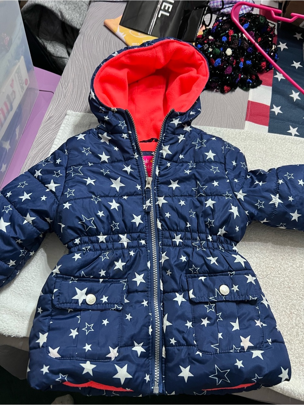 Pink Platinum Girls 4T Star Puffer Jacket Navy Blue White Stars Fleece Lined